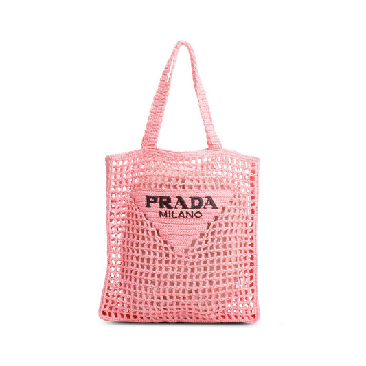 Prada Pink Raffia Crochet Logo Embroidered Tote Bag