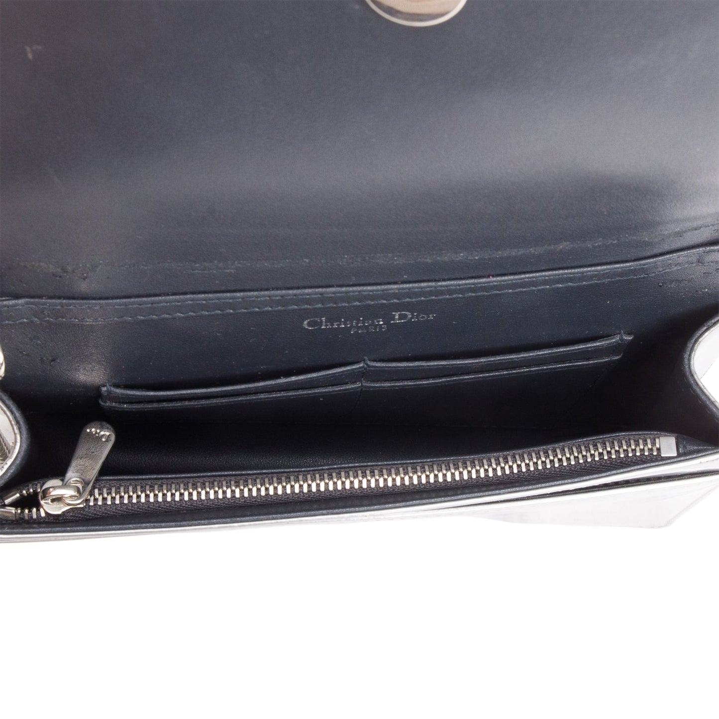 Christian Dior Silver Metallic Patent Calfskin Micro-Cannage Diorama Wallet on Chain