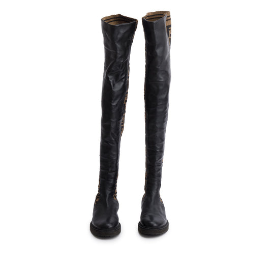 Fendi Brown Leather FF Logo Stretch Knit Over the Knee Rockoko Sock Boots, Size 37