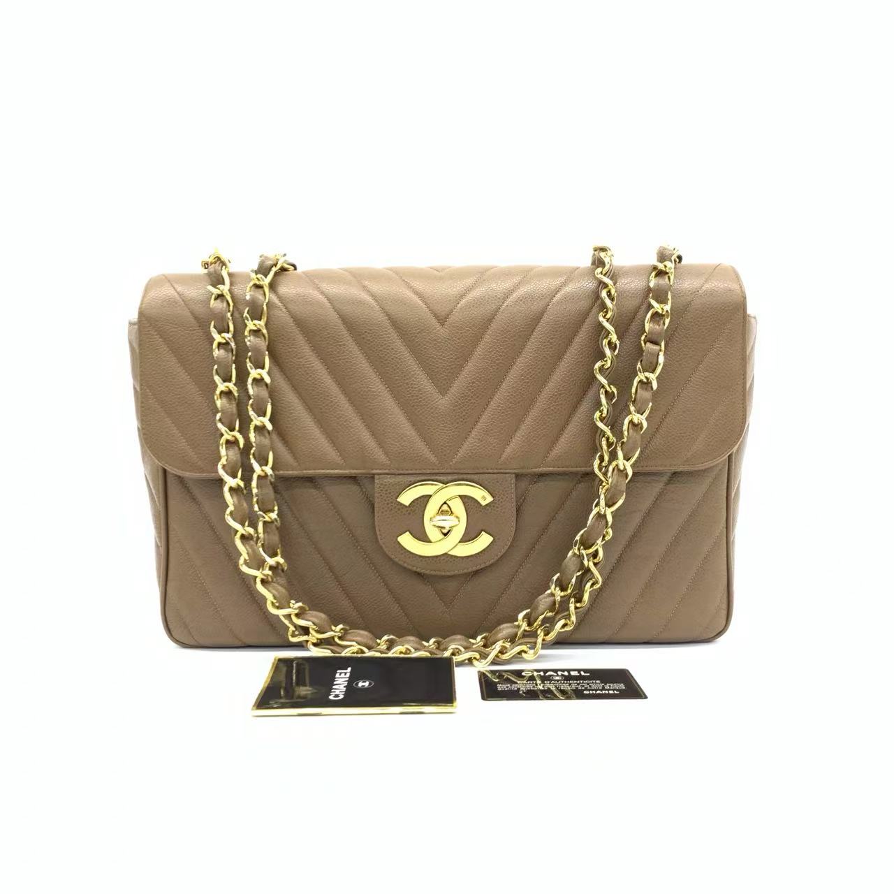 Chanel Vintage Classic Maxi Single Flap Taupe Brown Caviar Chevron Stitch 24 Gold Hardware