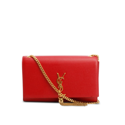 Saint Laurent Red Grain De Poudre Leather Medium Classic Monogram Kate Tassel Chain Bag