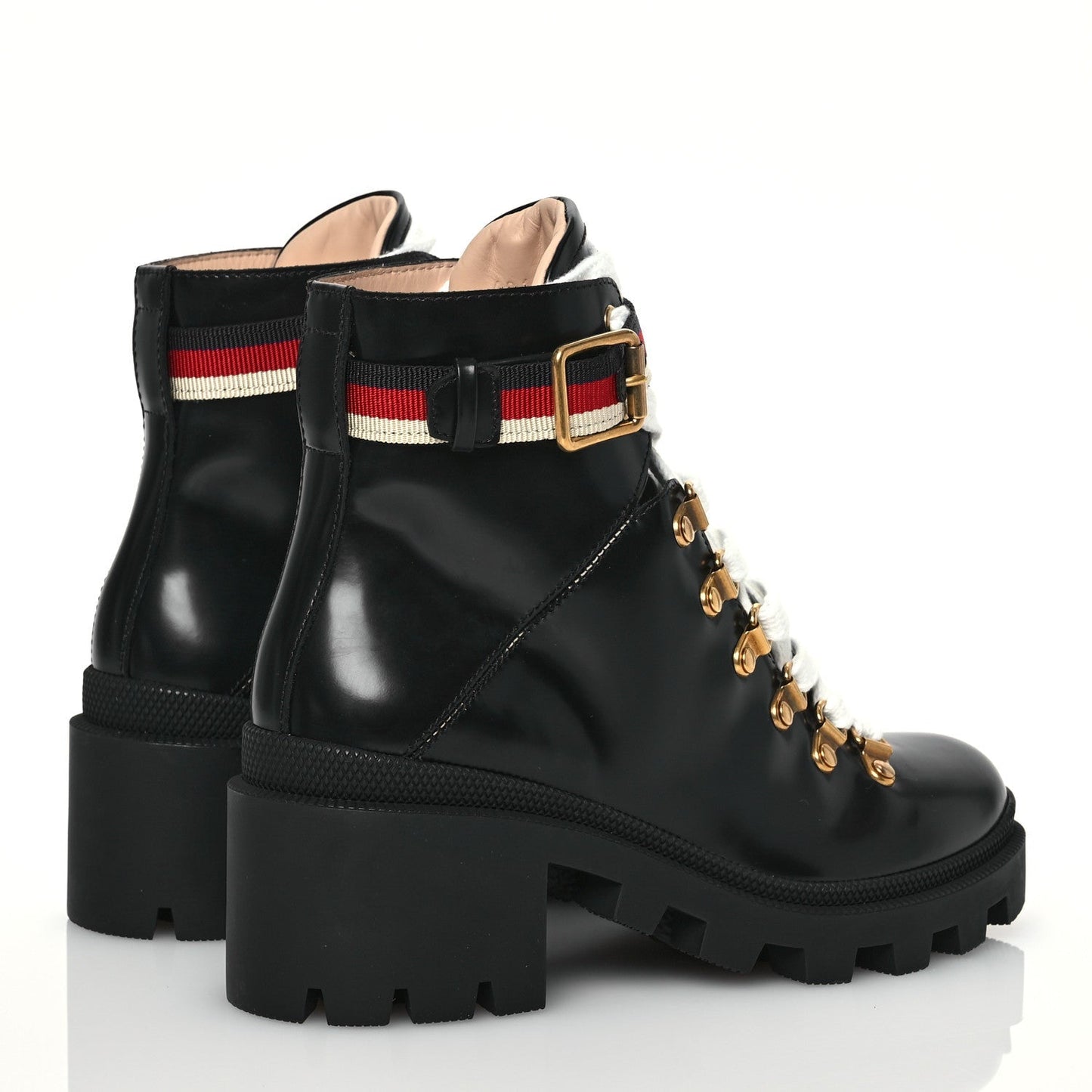 Gucci Calfskin Sylvie Web Womens Lace Up Combat Boots 35 Black