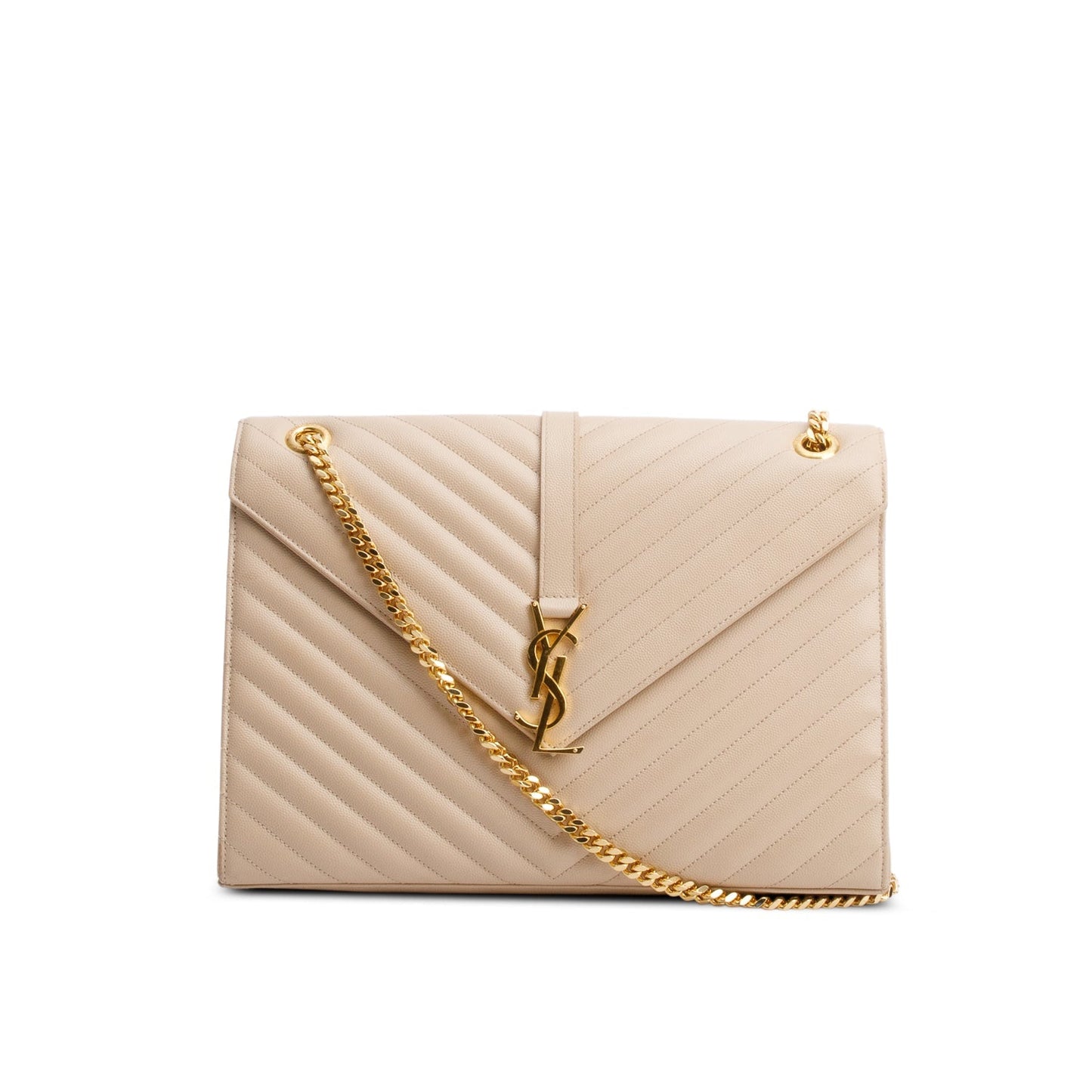 Saint Laurent Beige Quilted Grain De Poudre Leather Large Envelope Chain Bag