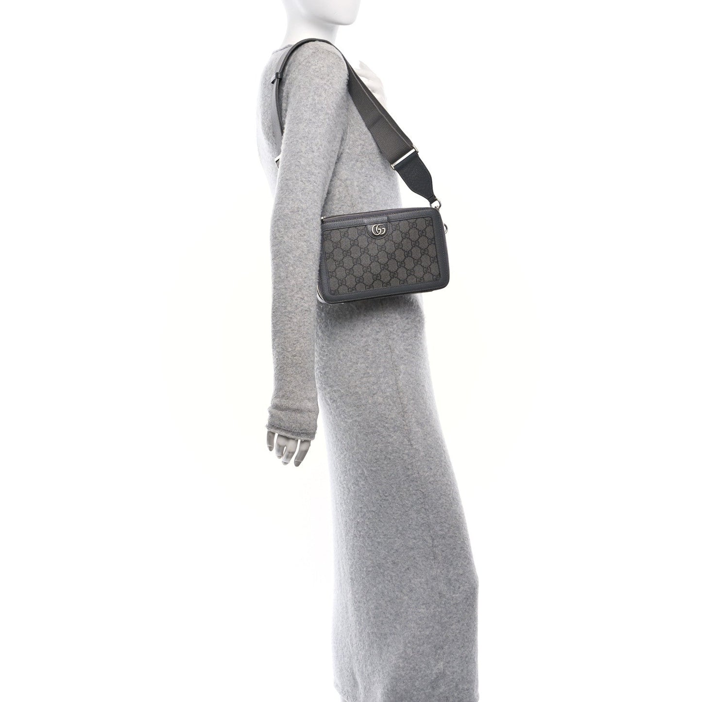 Gucci GG Supreme Monogram Textured Dollar Calfskin Small Ophidia Top Handle Shoulder Grey Black Graphite Grey