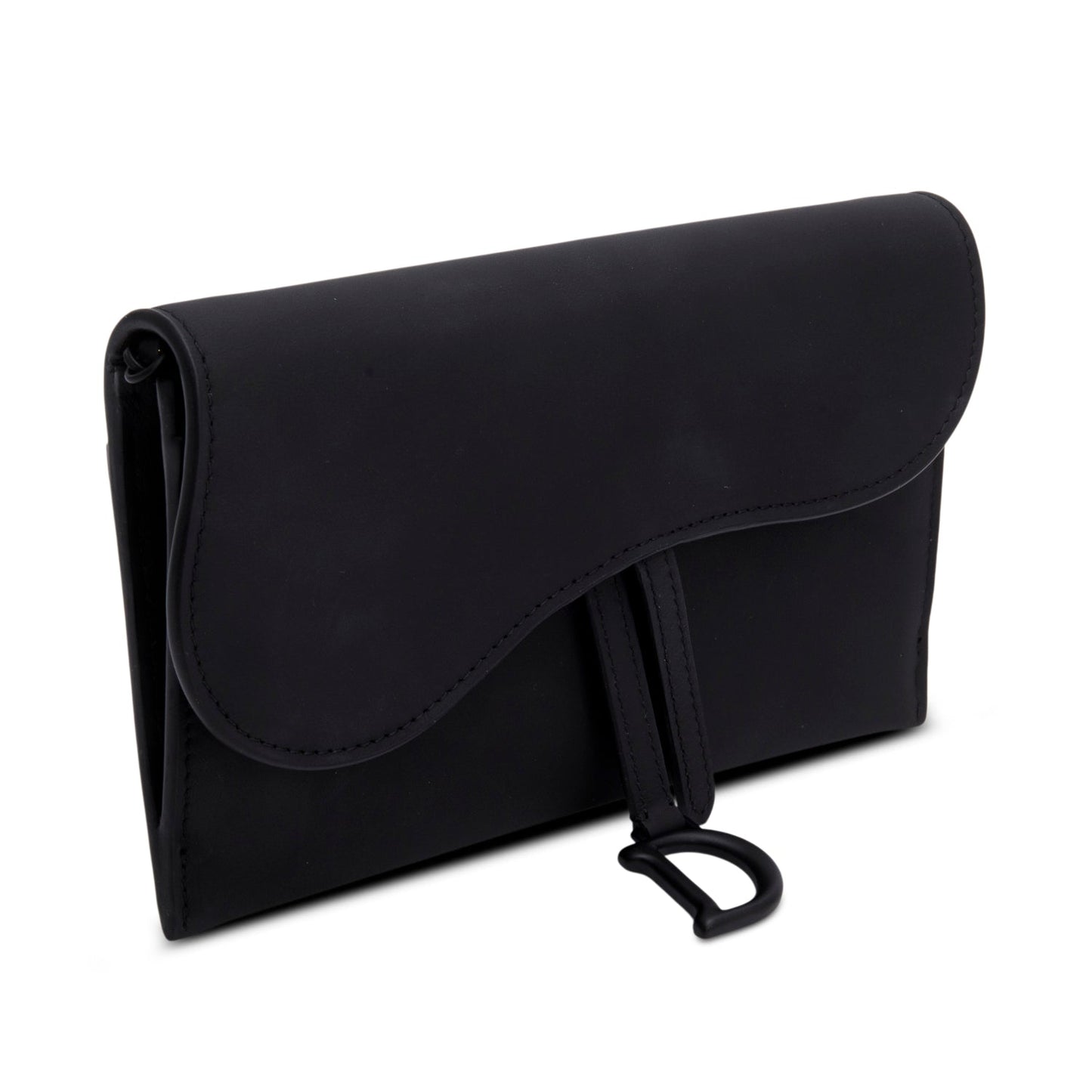 Christian Dior 2022 Black Ultra Matte Calfskin Saddle Chain Wallet Pouch
