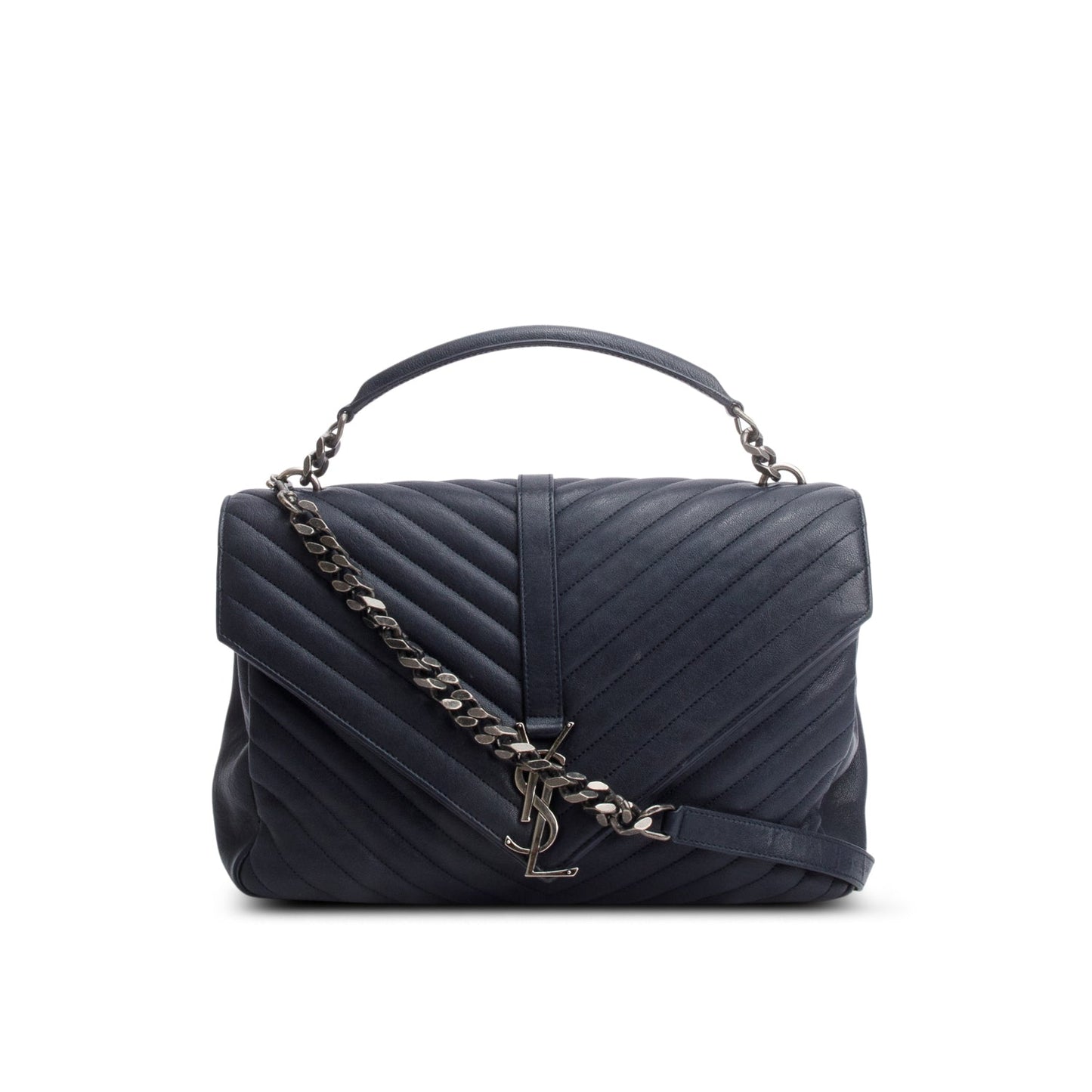 Saint Laurent Navy Leather Large Chevron College Bag