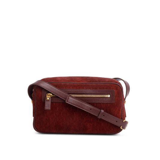 Saint Laurent Burgundy Suede Monogram All Over Camera Bag