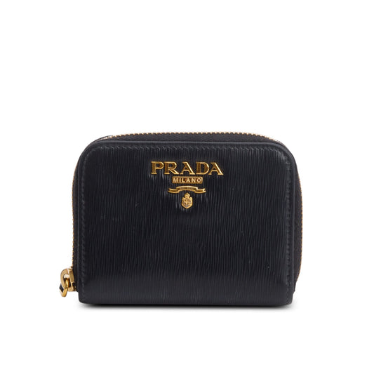 Prada Black Saffiano Leather Zip Around Compact Wallet