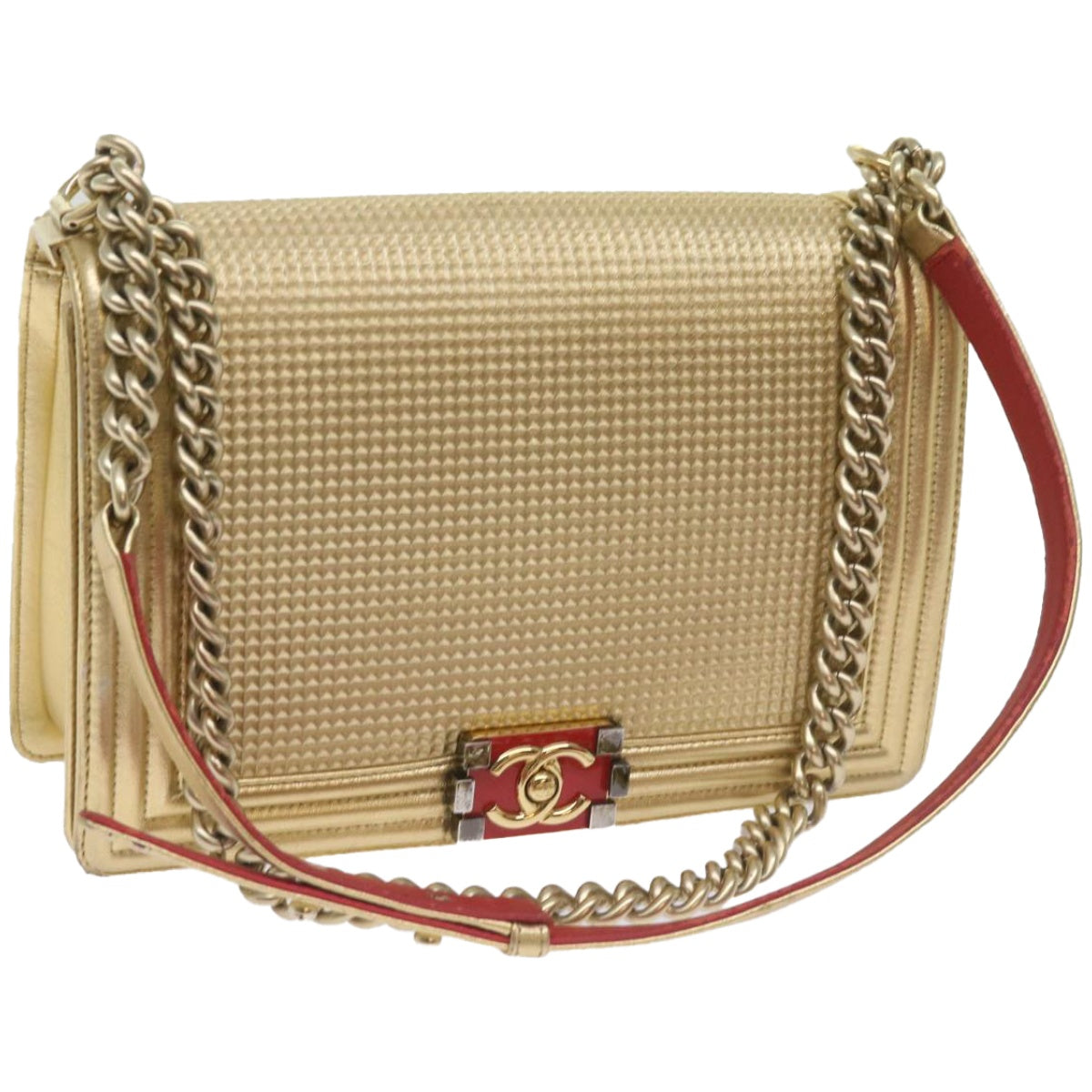 CHANEL Boy  Chain Shoulder Bag Leather Gold CC Auth 67371A