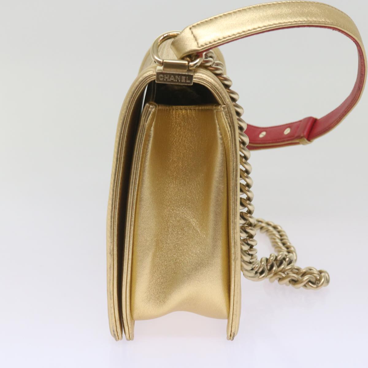 CHANEL Boy  Chain Shoulder Bag Leather Gold CC Auth 67371A