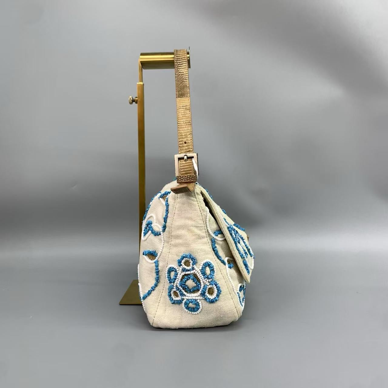 Fendi Mamma Baguette Needlepoint White Canvas and Blue and White Stones Embroidery