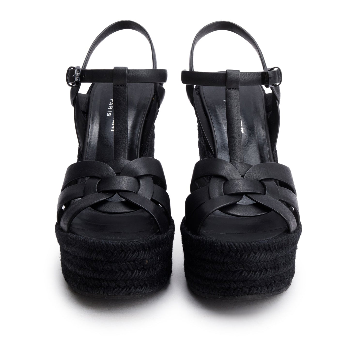 Saint Laurent Black Leather Tribute Espadrilles Wedge Sandals, Size 38