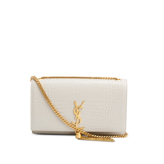 Saint Laurent 2021 Grey Crocodile-Embossed Leather Medium Classic Monogram Kate Tassel Chain Bag