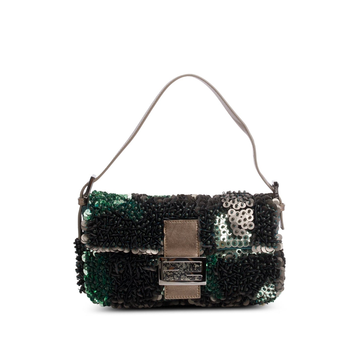 Fendi Green Vitello Sequin Beaded Baguette Bag