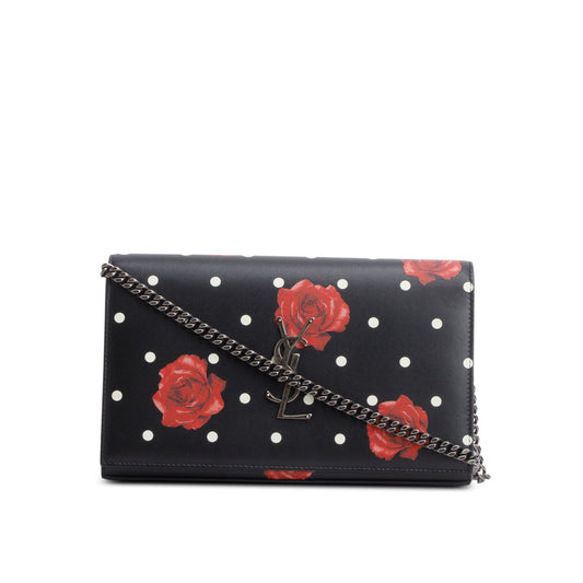 Saint Laurent Black Printed Leather Monogram Kate Chain Wallet