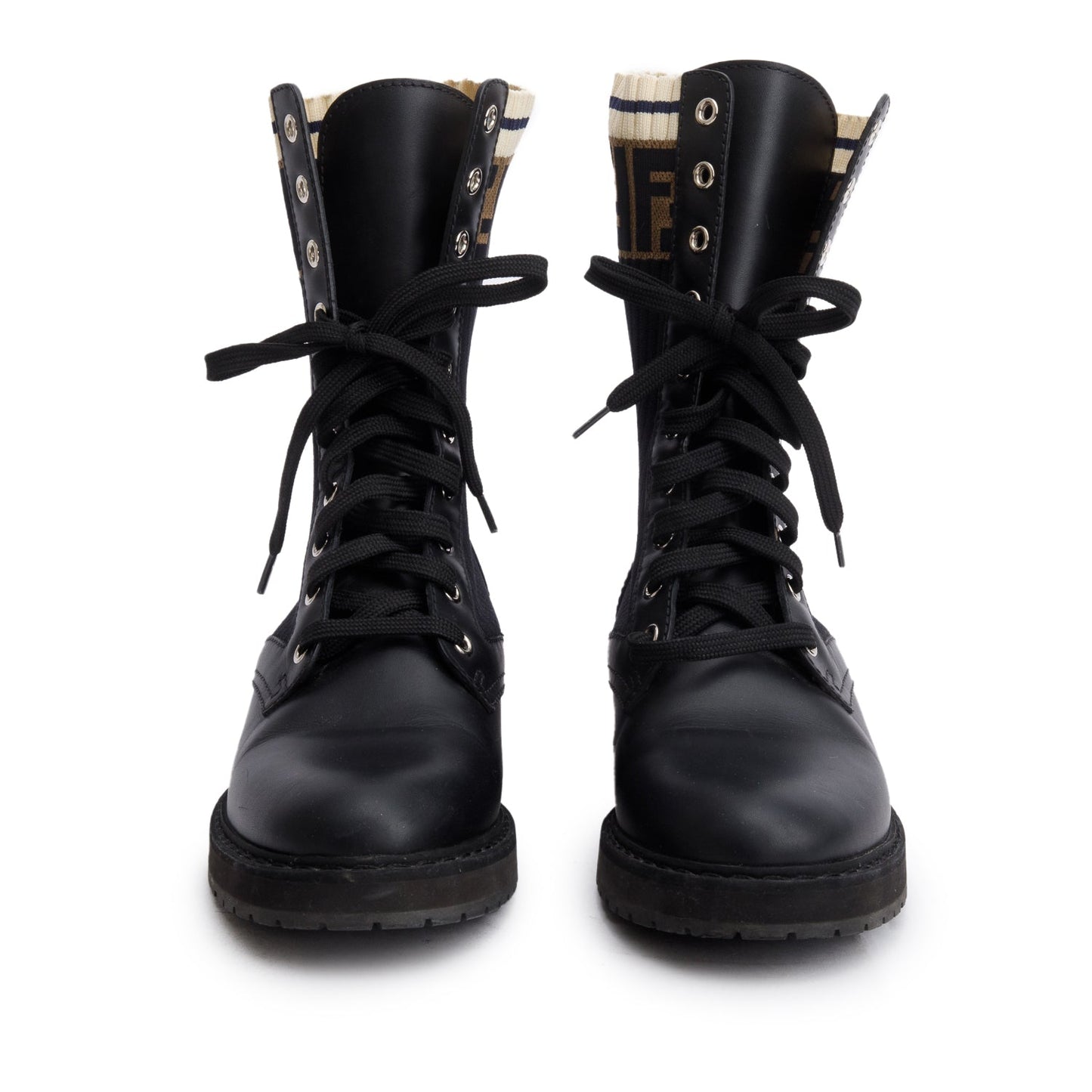 Fendi Black Leather FF Stretch Fabric Rockoko Biker Boots, Size 37