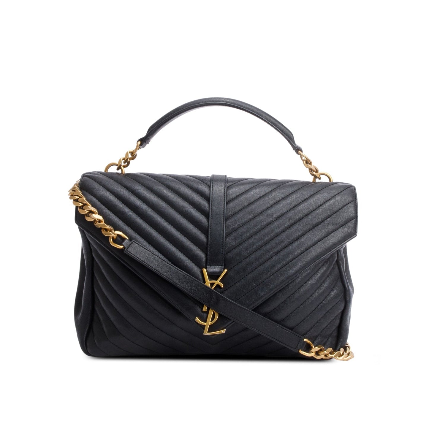 Saint Laurent Black Leather Large Chevron College Bag