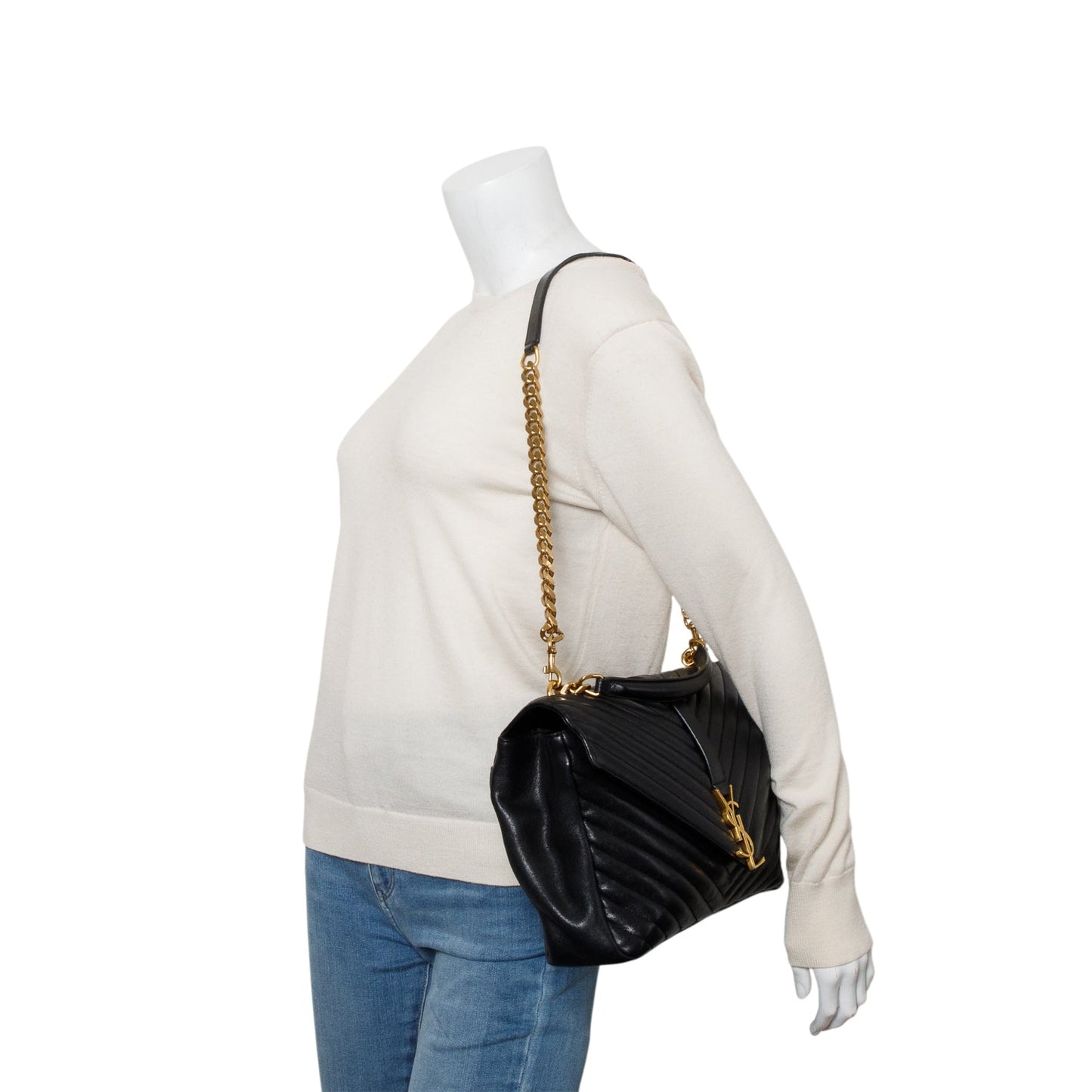 Saint Laurent Black Leather Large Chevron College Bag
