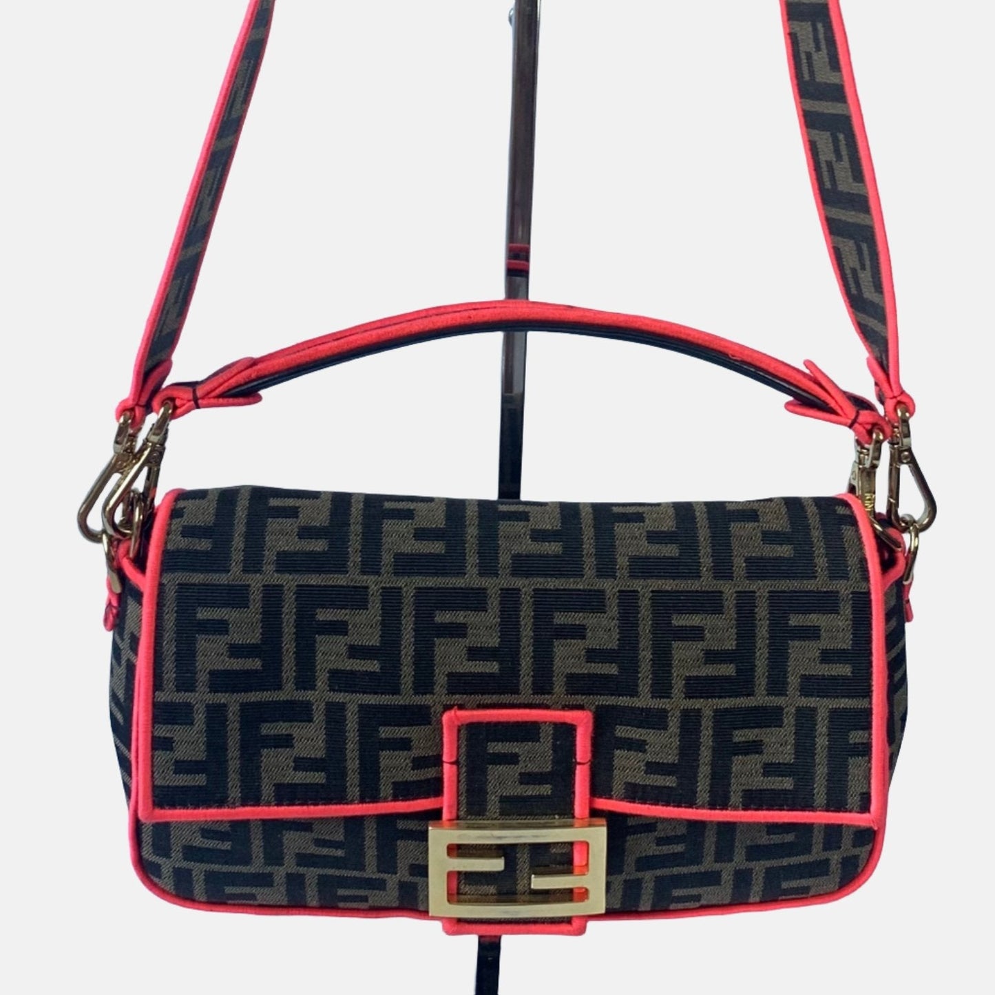 FENDI Baguette Zucca Monogram Canvas with Pink Neon trimming Crossbody Bag