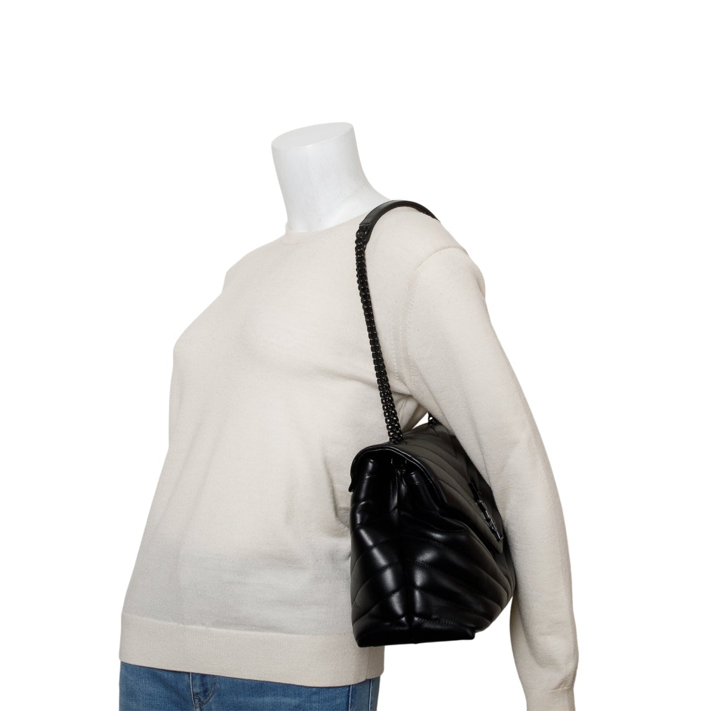 Saint Laurent 2022 Black Calfskin Y Quilted Monogram Monochrome Medium Loulou Chain Satchel