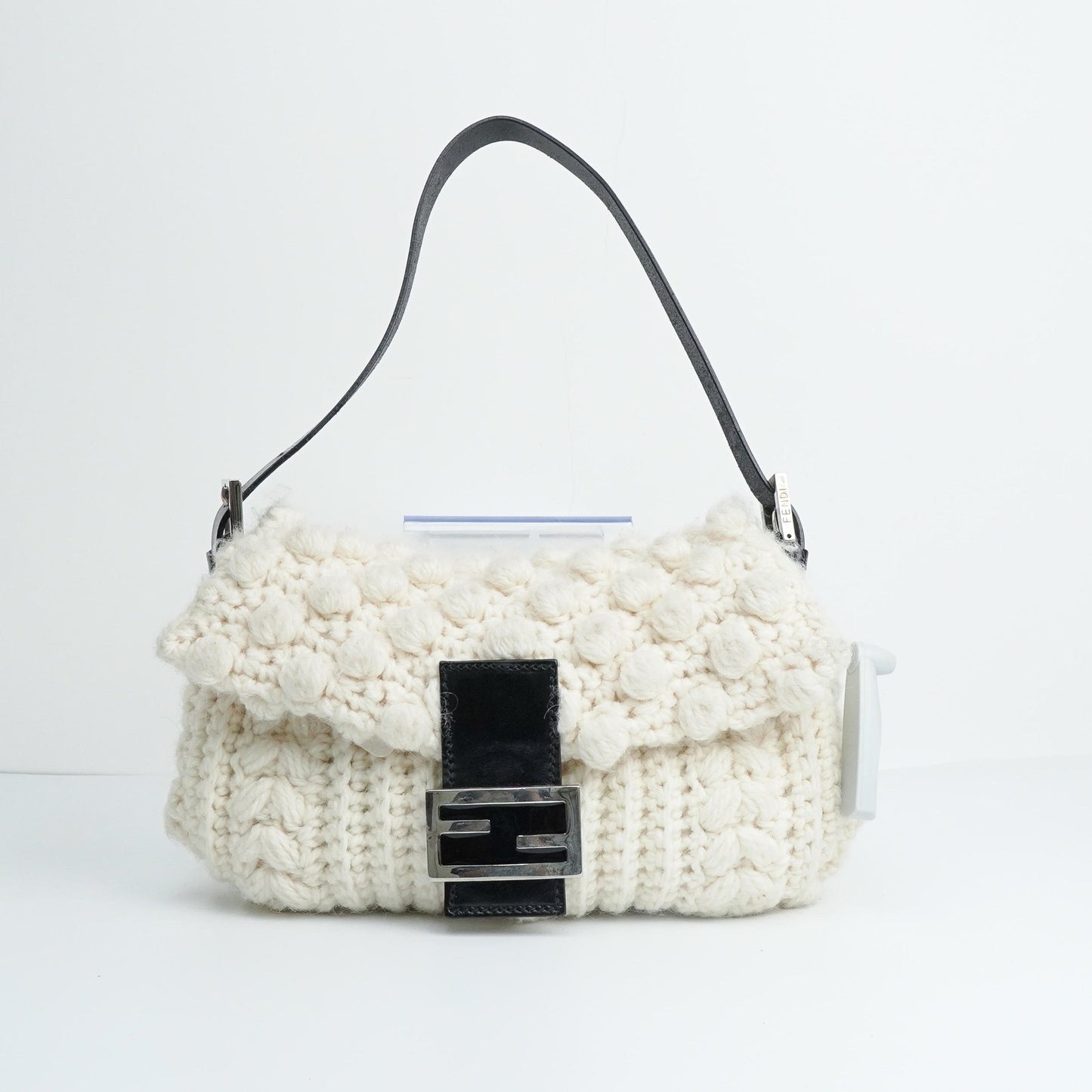 Fendi Baguette Bag White Wool Pompom Shoulder Bag