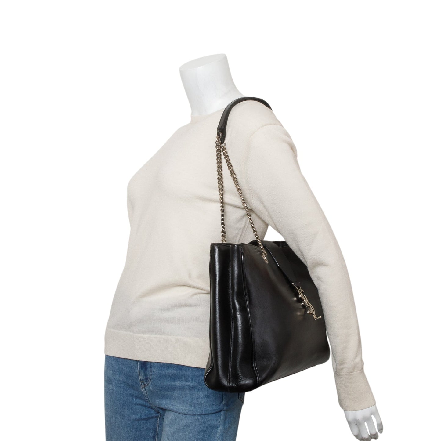Saint Laurent Black Smooth Calfskin Cassandre Shopping Tote