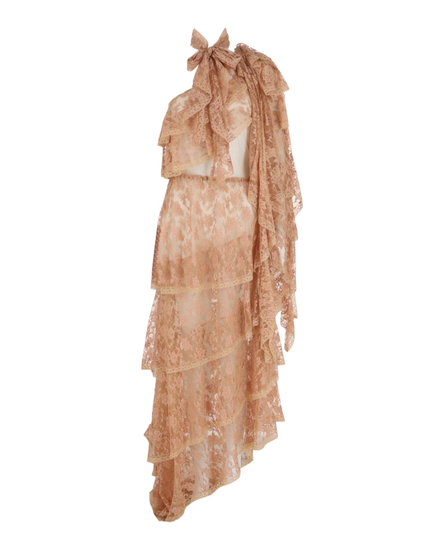 Gucci Womens One Shoulder Tiered Lace Dress
