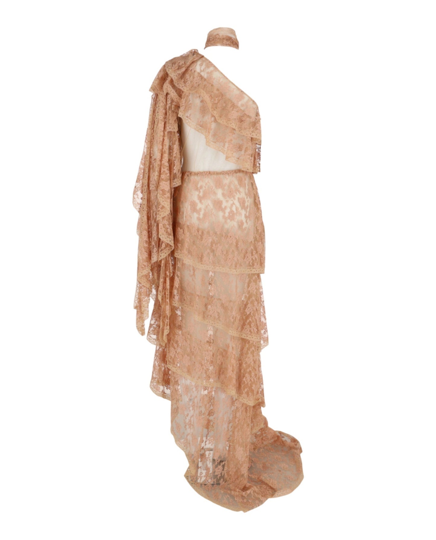 Gucci Womens One Shoulder Tiered Lace Dress