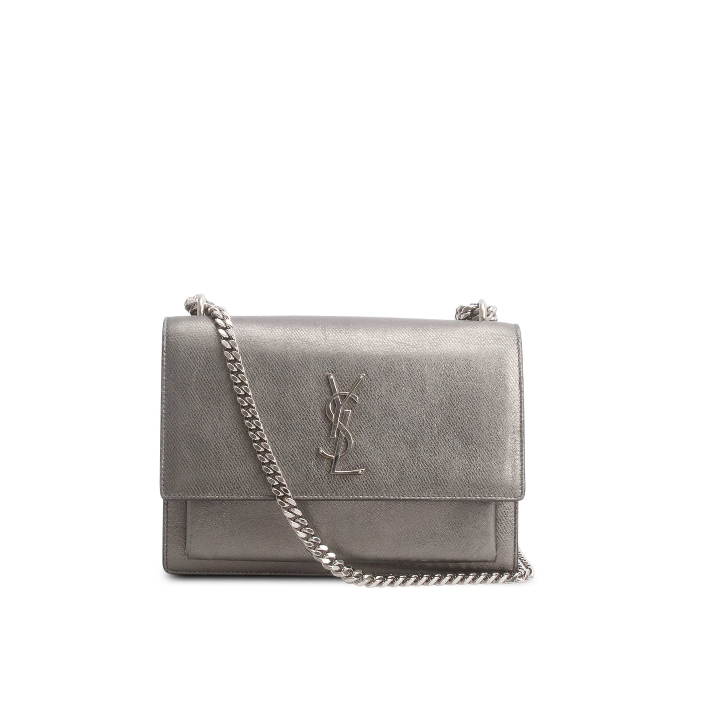 Saint Laurent Grey Metallic Grain de Poudre Leather Medium Sunset Bag