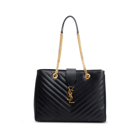Saint Laurent Black Grain de Poudre Matelasse Chevron Monogram Shopping Bag