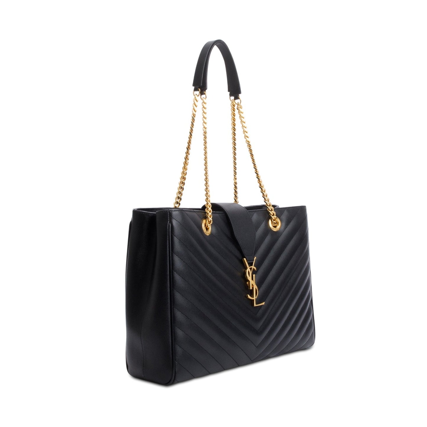 Saint Laurent Black Grain de Poudre Matelasse Chevron Monogram Shopping Bag