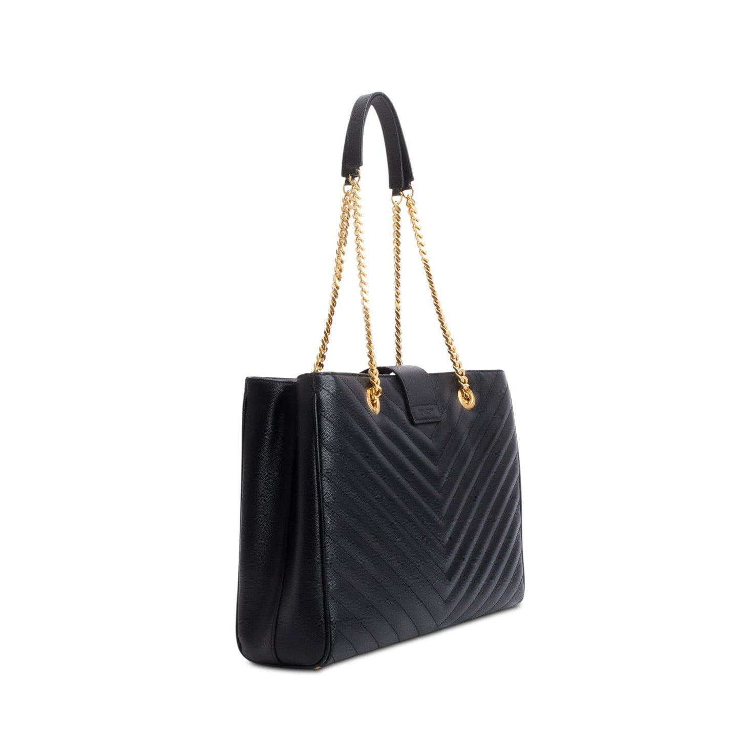 Saint Laurent Black Grain de Poudre Matelasse Chevron Monogram Shopping Bag