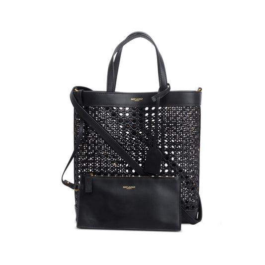 Saint Laurent 2021 Black Woven Cane Calfskin Toy N/S Shopping Tote