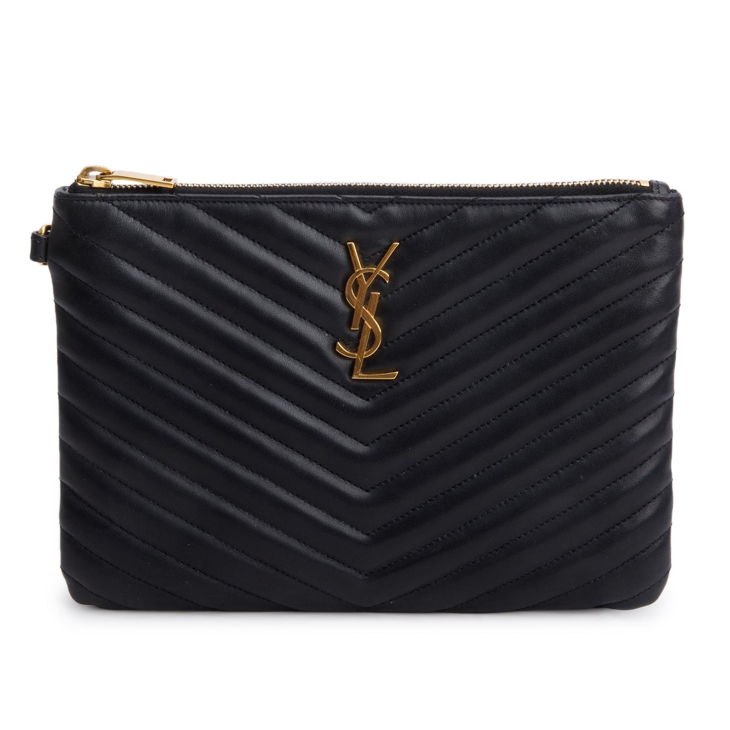 Saint Laurent 2021 Black Calfskin Matelasse Monogram Casssandre Zip Pouch