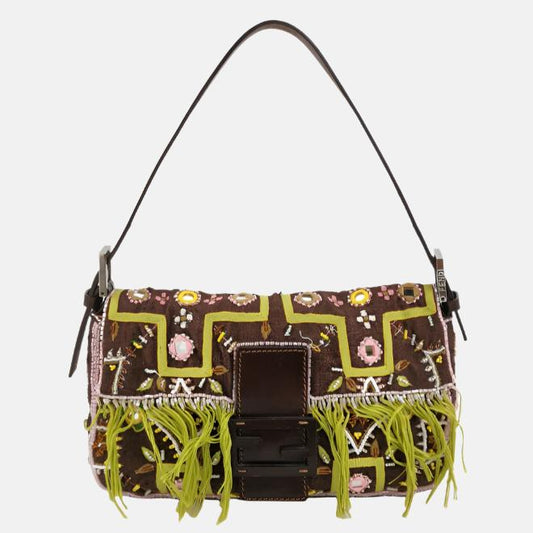 Fendi Baguette Vintage Brown Canvas with embroidery sequins mirrors and tassels