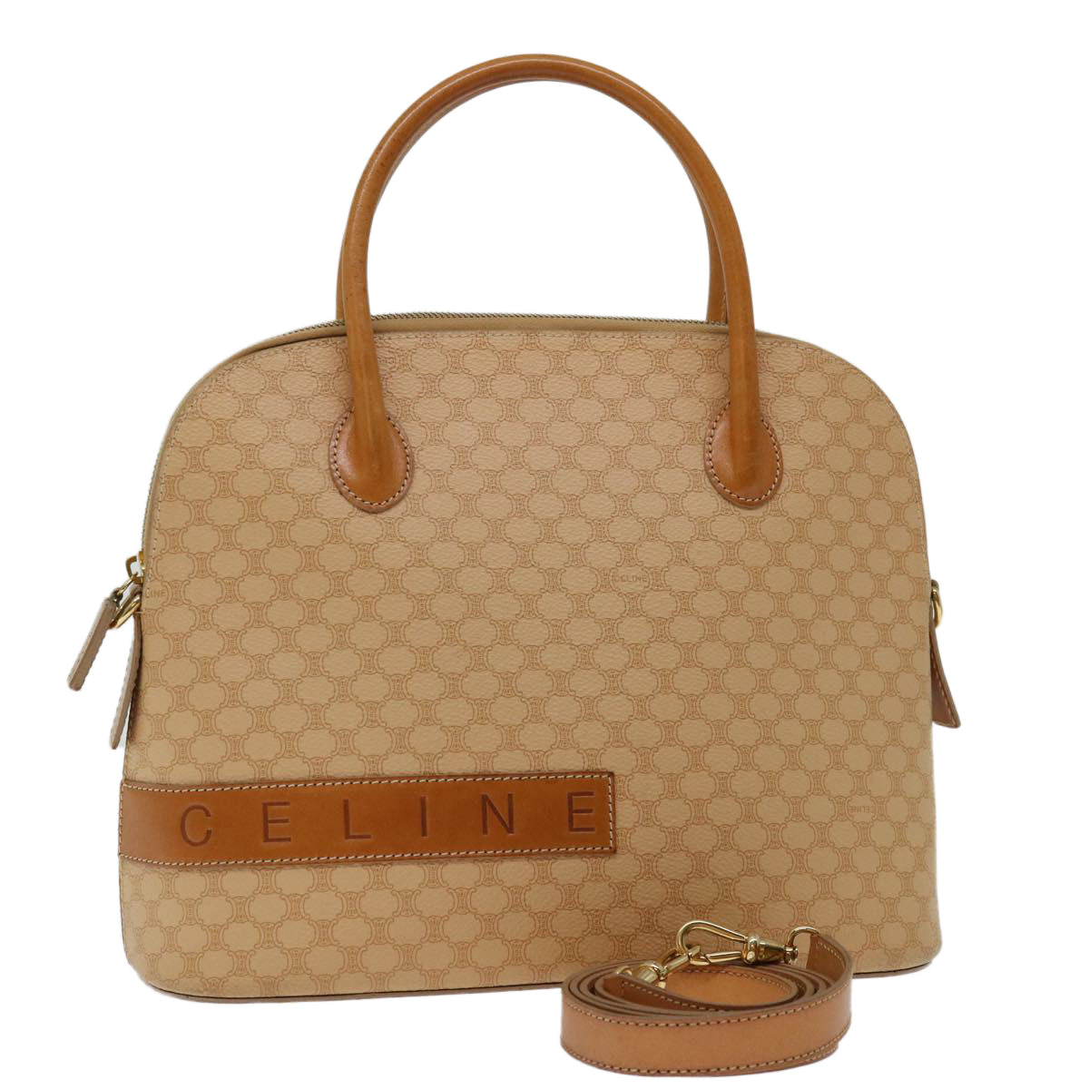 Luxury CELINE Macadam Canvas Hand Bag PVC Leather 2way Beige  69018
