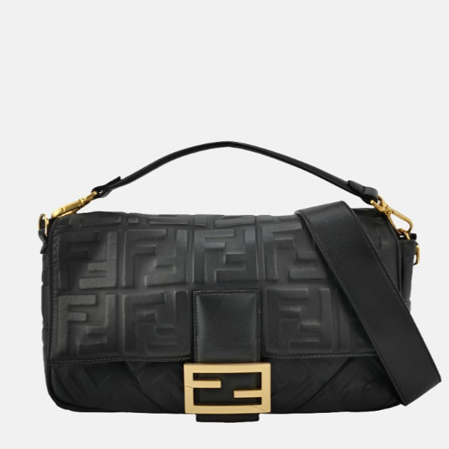 Fendi Baguette Black Leather 3D FF Motif Crossbody Bag Large