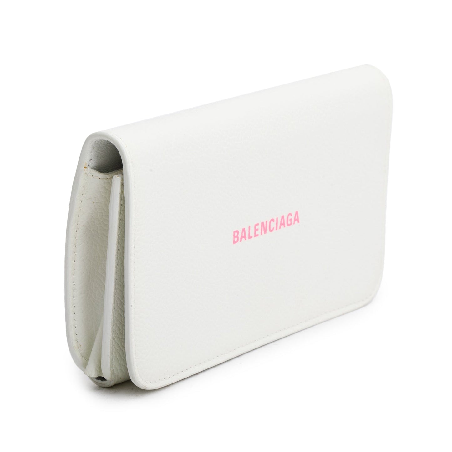 Balenciaga White Pebbled Calfskin Logo Everyday Flap Chain Wallet