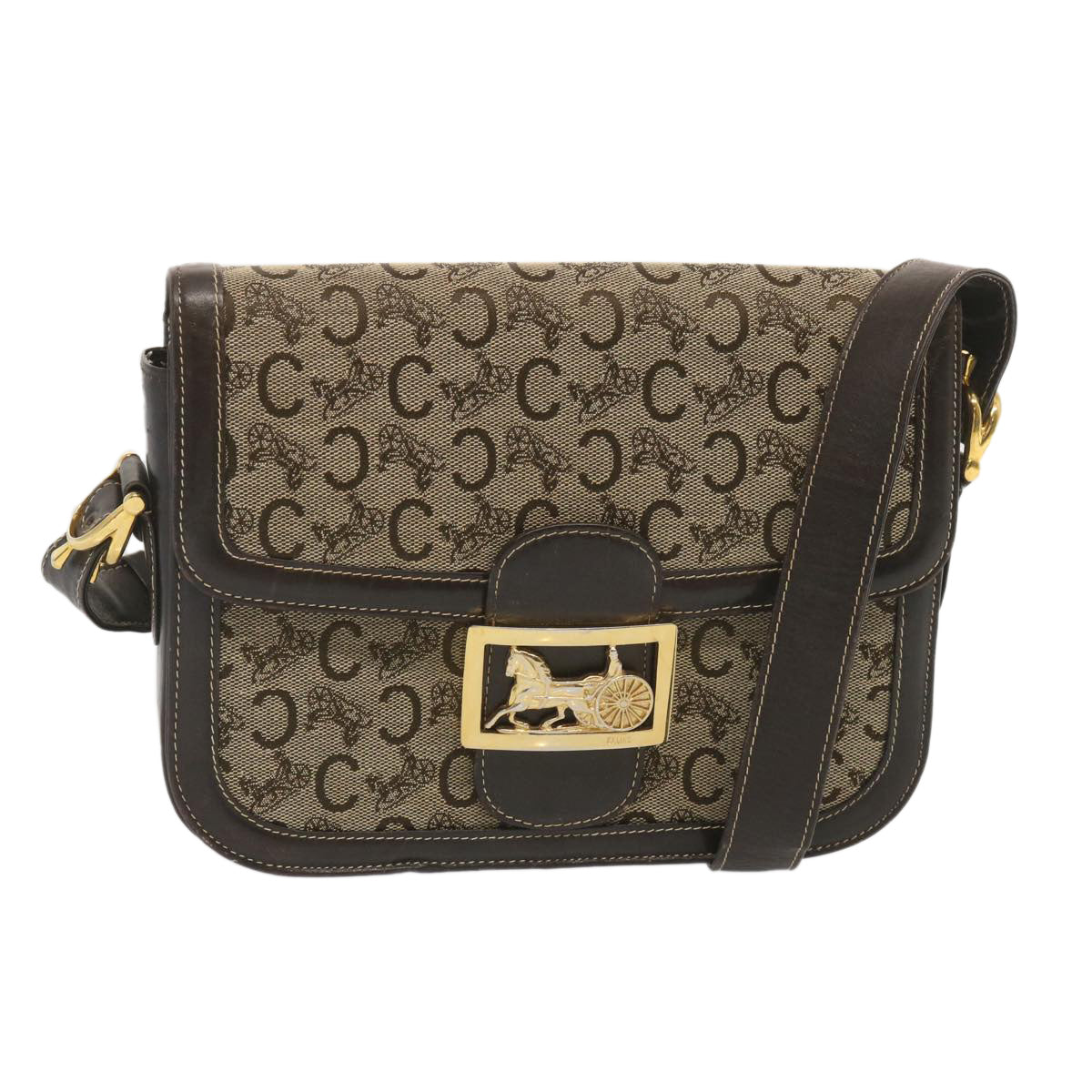 Luxury CELINE C Macadam Canvas Shoulder Bag Beige  69250
