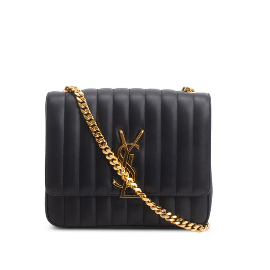 Saint Laurent Black Lambskin Matelasse Monogram Large Vicky Chain Bag