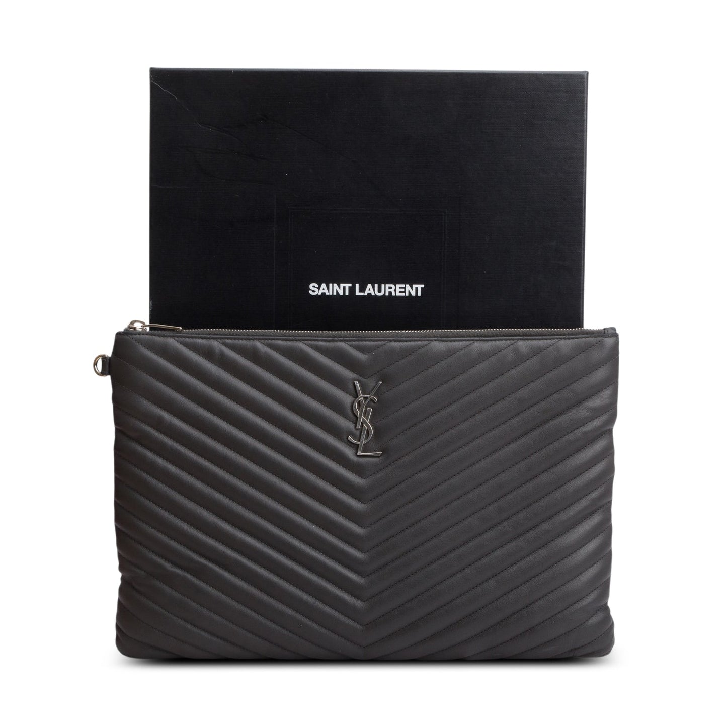 Saint Laurent Grey Calfskin Matelasse Monogram Casssandre Tablet Pouch