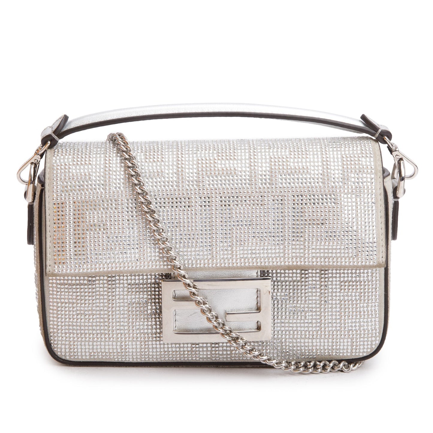 Fendi 2024 Silver FF Suede Crystal Mini Be Baguette Chain Crossbody