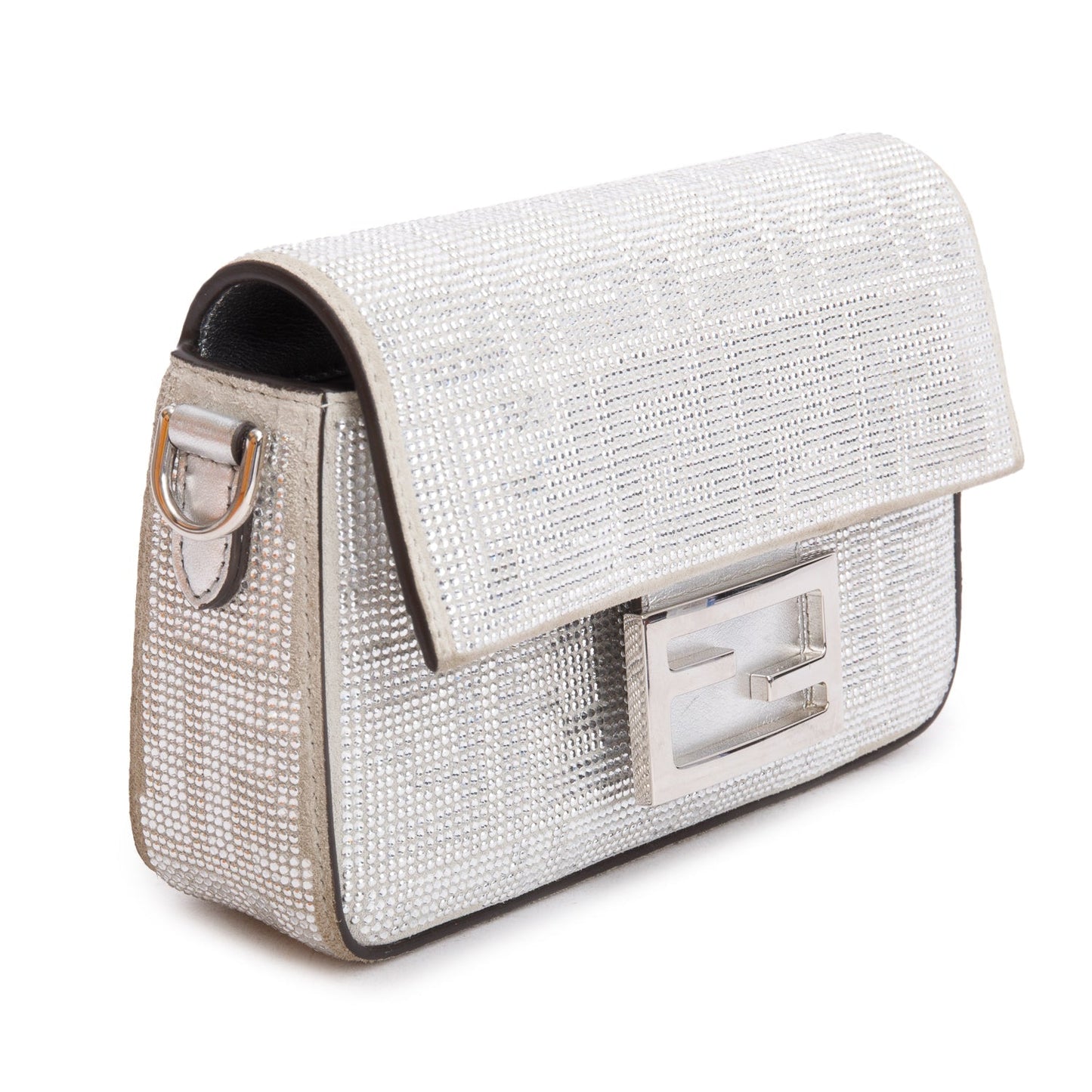 Fendi 2024 Silver FF Suede Crystal Mini Be Baguette Chain Crossbody