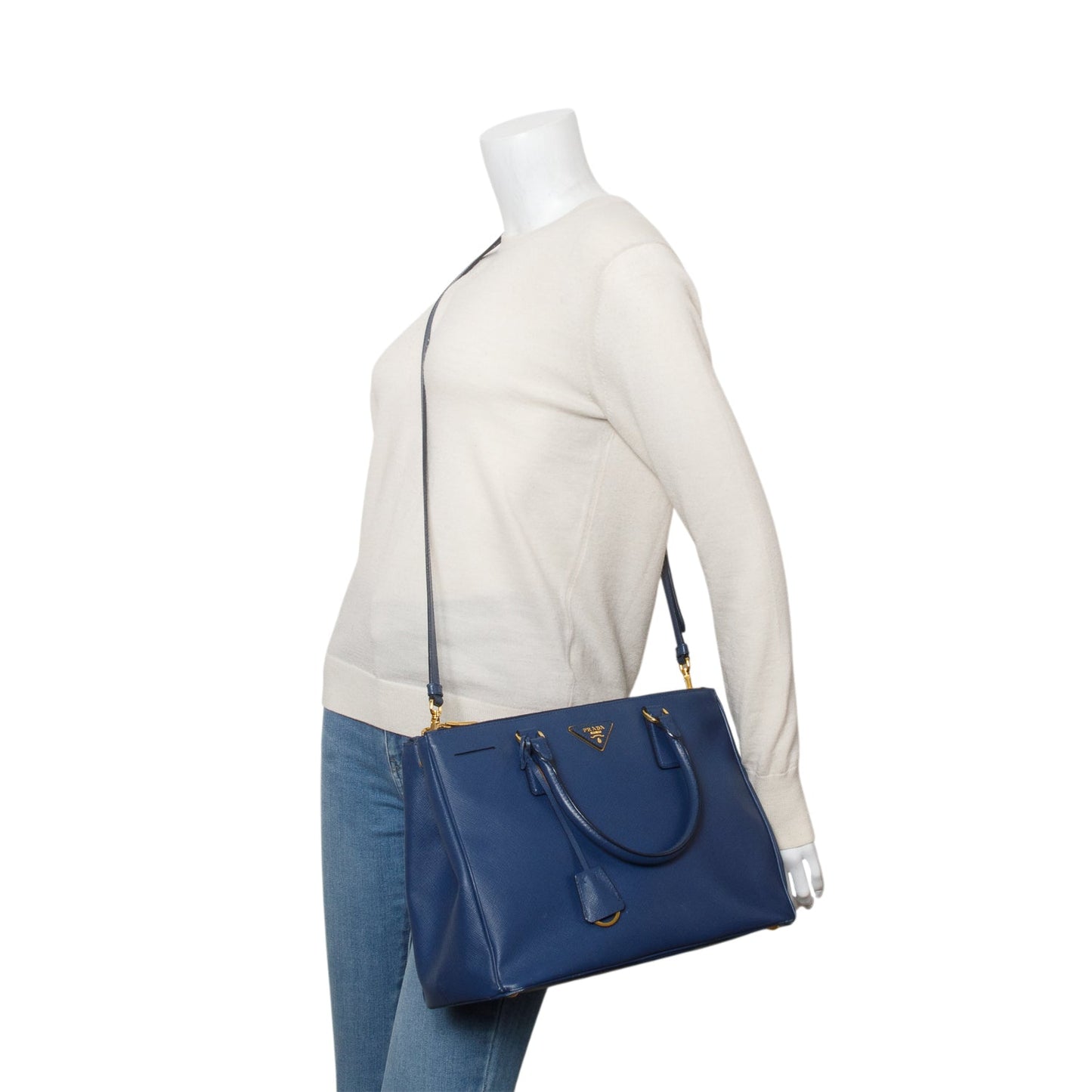 Prada Blue Saffiano Lux Medium Double Zip Galleria Tote