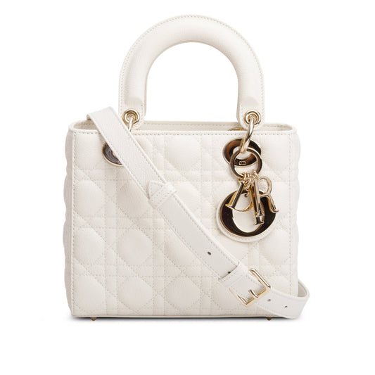 Christian Dior 2026 White Grained Cannage Calfskin Leather Small Lady Dior Bag