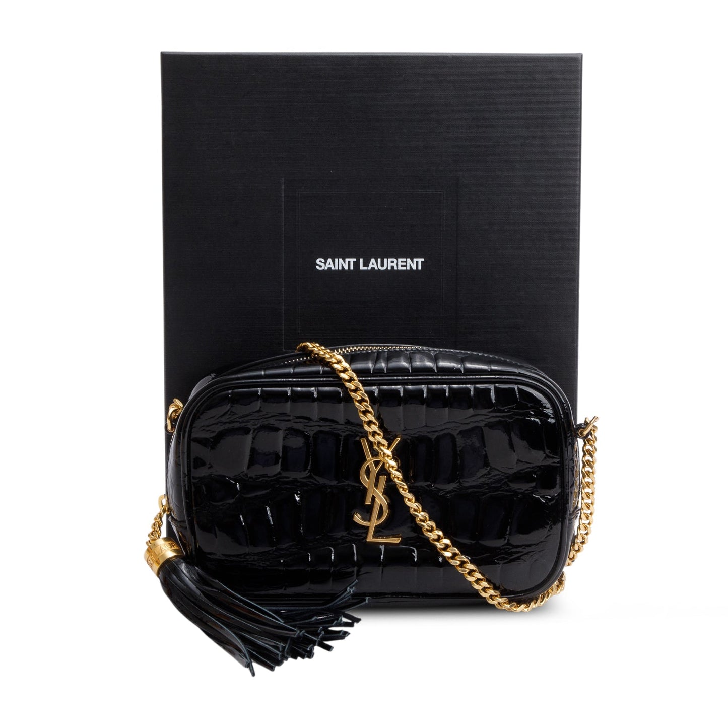 Saint Laurent 2022 Black Croc Embossed Patent Leather Mini Lou Camera Bag