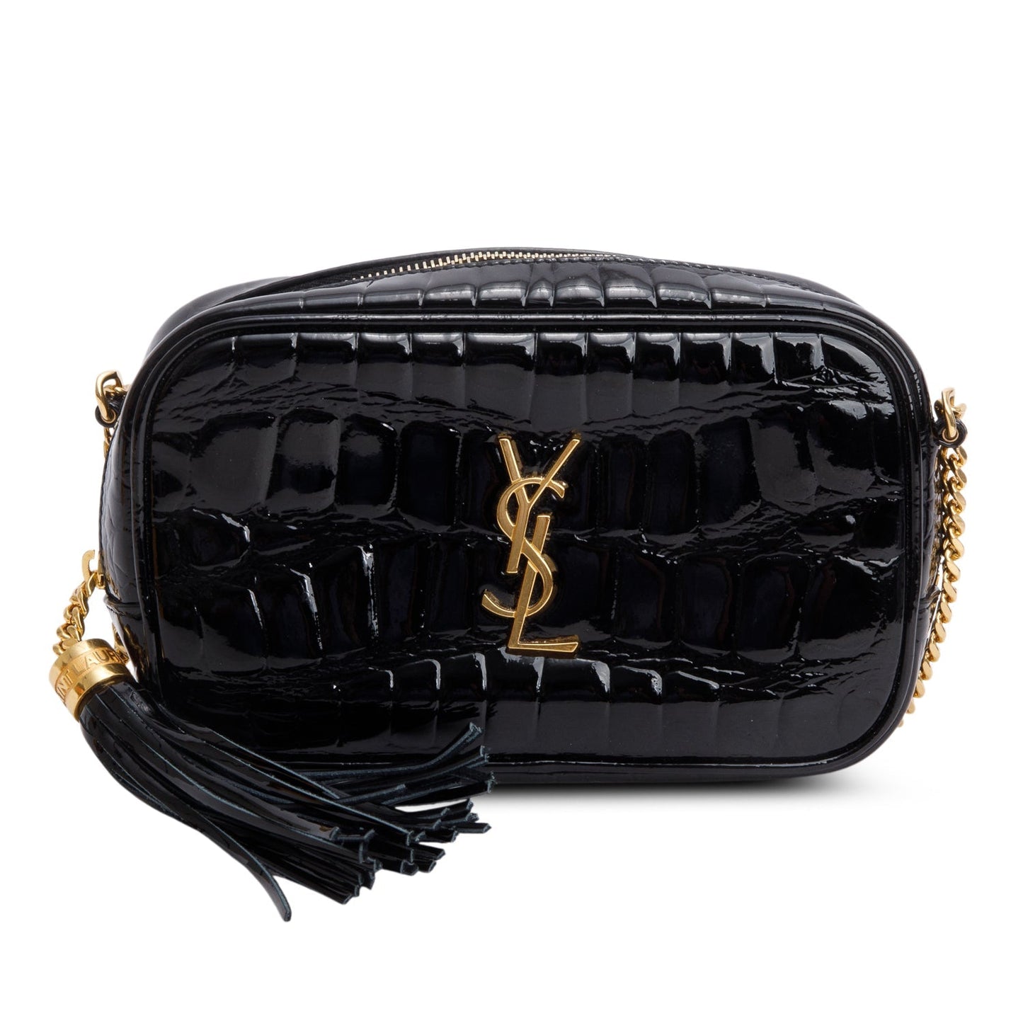 Saint Laurent 2022 Black Croc Embossed Patent Leather Mini Lou Camera Bag