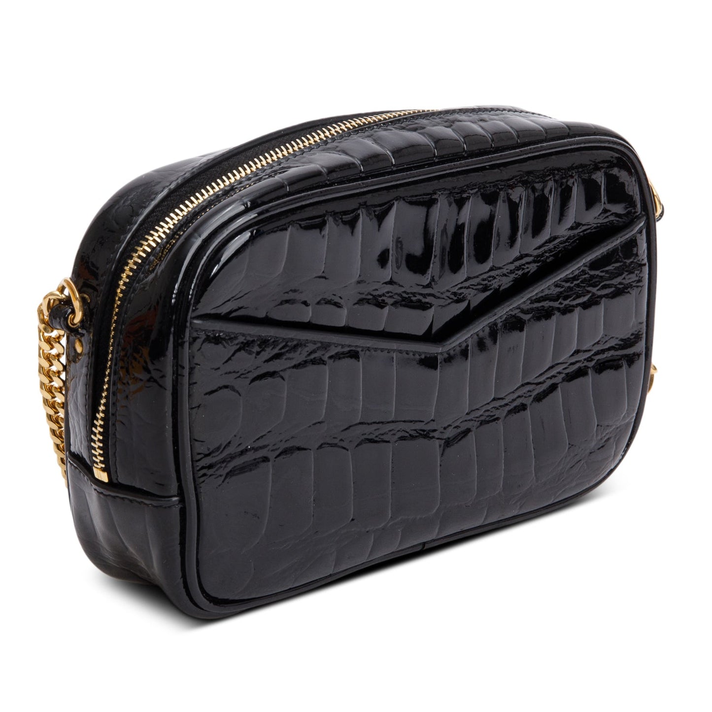 Saint Laurent 2022 Black Croc Embossed Patent Leather Mini Lou Camera Bag