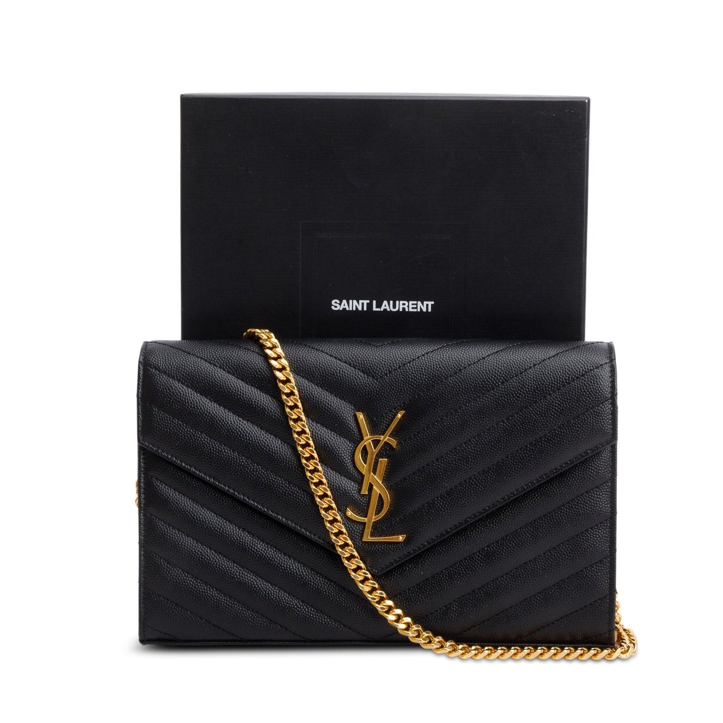 Saint Laurent 2022 Black Grain De Poudre Cassandre Envelope Chain Wallet