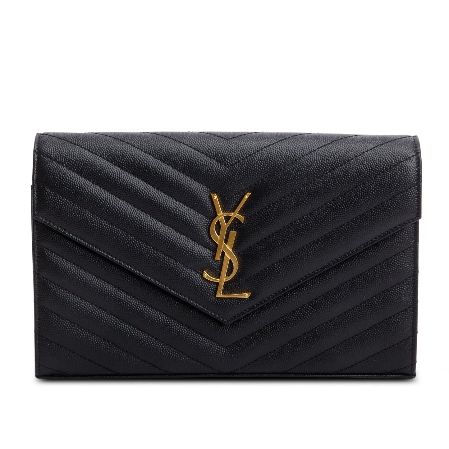 Saint Laurent 2022 Black Grain De Poudre Cassandre Envelope Chain Wallet